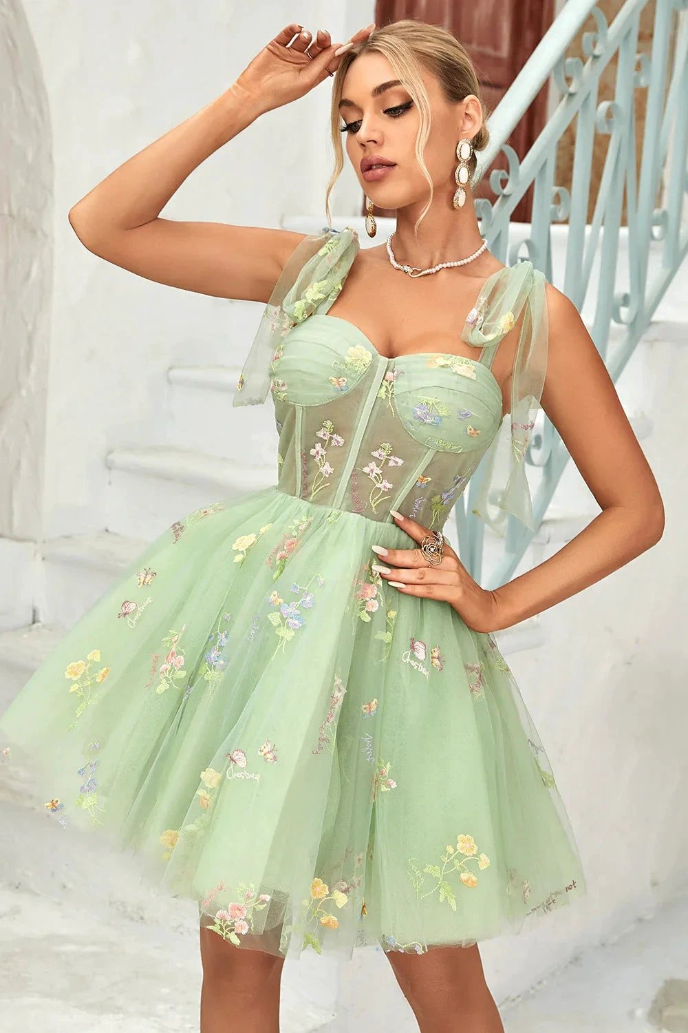 Cute Grey Blue A Line Spaghetti Straps Short Homecoming Dress with Appliques by WEDTREND