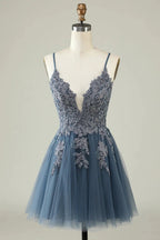 A Line Spaghetti Straps Grey Blue Short Homecoming Dress with Appliques by WEDTREND