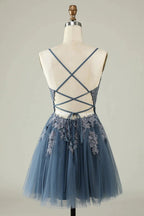 A Line Spaghetti Straps Grey Blue Short Homecoming Dress with Appliques by WEDTREND
