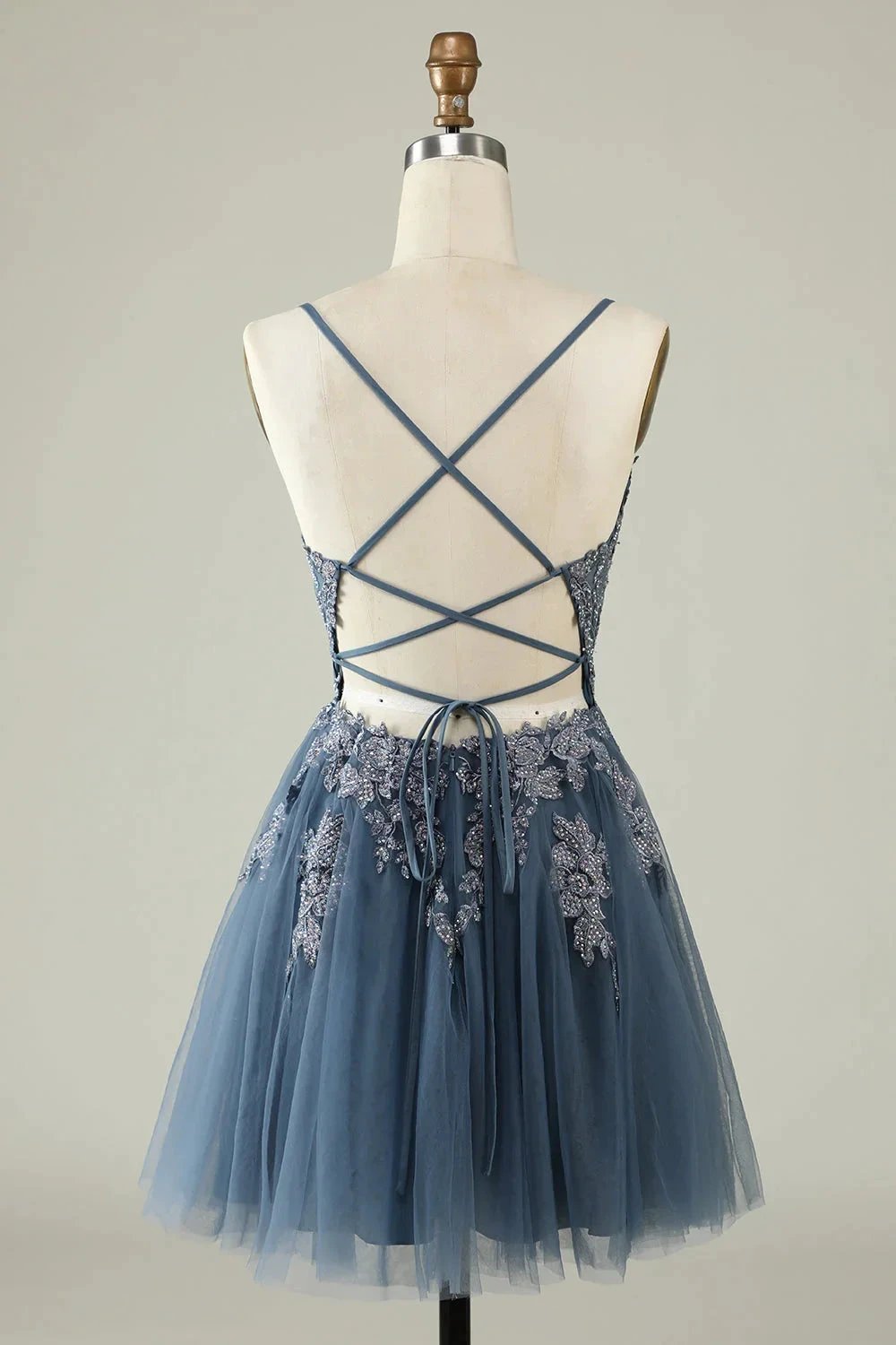A Line Spaghetti Straps Grey Blue Short Homecoming Dress with Appliques by WEDTREND