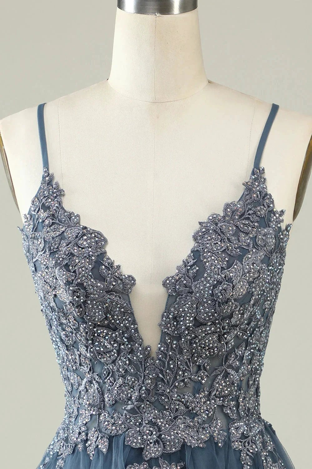 A Line Spaghetti Straps Grey Blue Short Homecoming Dress with Appliques by WEDTREND