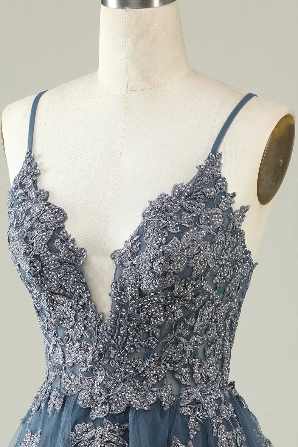 A Line Spaghetti Straps Grey Blue Short Homecoming Dress with Appliques by WEDTREND