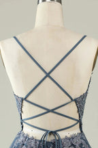 A Line Spaghetti Straps Grey Blue Short Homecoming Dress with Appliques by WEDTREND