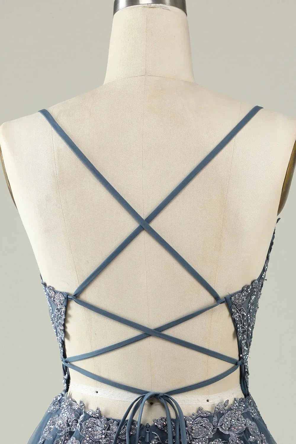 A Line Spaghetti Straps Grey Blue Short Homecoming Dress with Appliques by WEDTREND