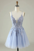 A Line Spaghetti Straps Grey Blue Short Homecoming Dress with Appliques by WEDTREND
