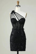 Black Bodycon One Shoulder Corset Short Homecoming Dress with Appliques by WEDTREND