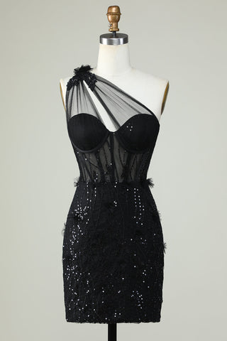 Black Bodycon One Shoulder Corset Short Homecoming Dress with Appliques
