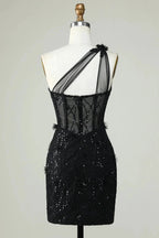 Black Bodycon One Shoulder Corset Short Homecoming Dress with Appliques by WEDTREND