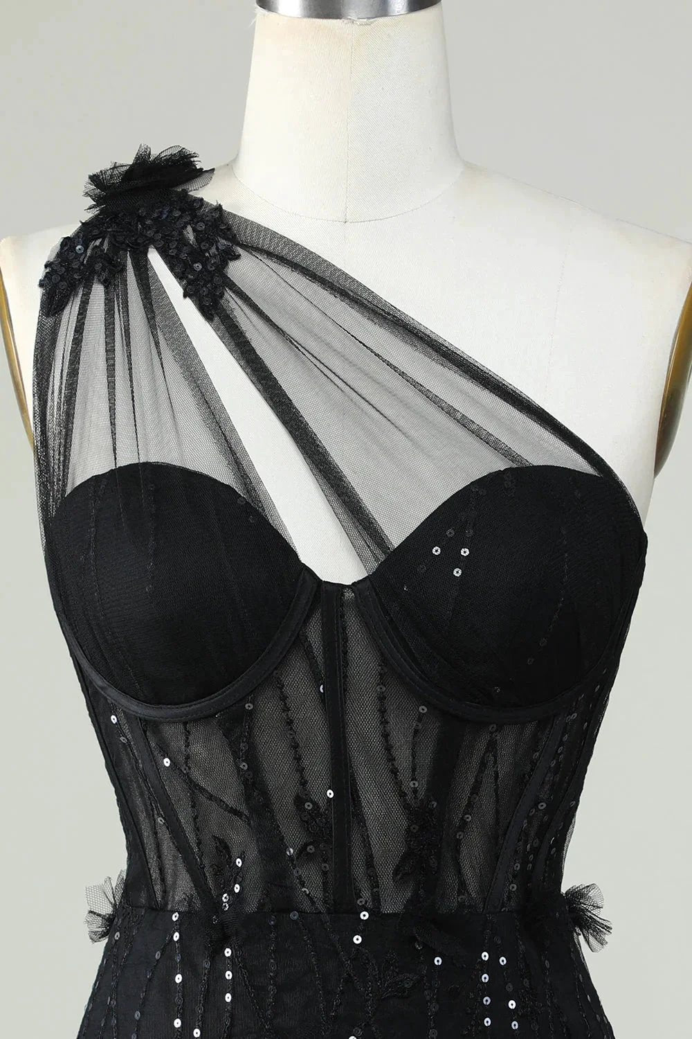 Black Bodycon One Shoulder Corset Short Homecoming Dress with Appliques by WEDTREND
