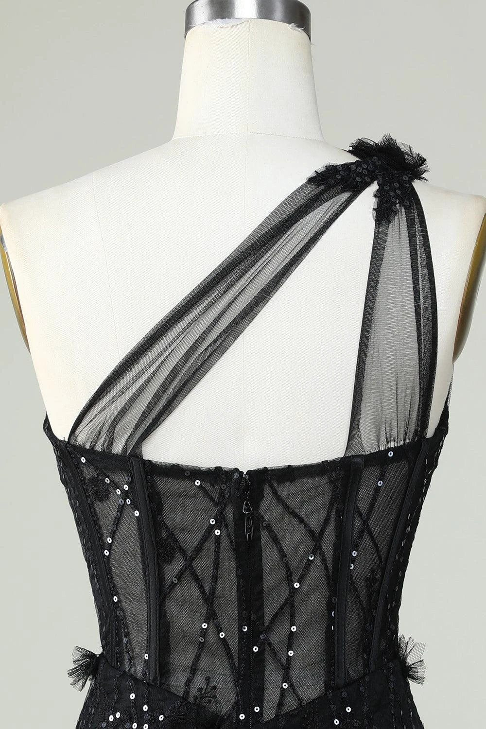 Black Bodycon One Shoulder Corset Short Homecoming Dress with Appliques by WEDTREND