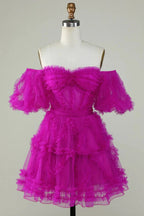 Cute Blush A line Tulle Off The Shoulder Short Homecoming Dress by WEDTREND