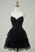 Cute Black A Line Sparkly Sequin Tiered Corset Short Homecoming Dress by WEDTREND