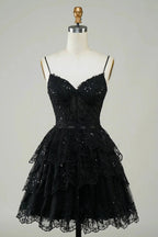 Cute Black A Line Sparkly Sequin Tiered Corset Short Homecoming Dress by WEDTREND