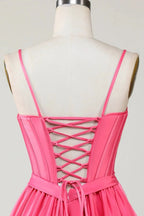 Cute Fuchsia A Line Spaghetti Straps Corset Ruffle Homecoming Dress with Bows by WEDTREND