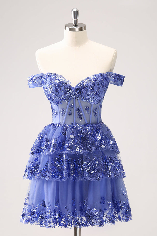 Sparkly Dark Blue A Line Off The Shoulder Corset Tiered Short Homecoming Dress with Sequins Hover Image