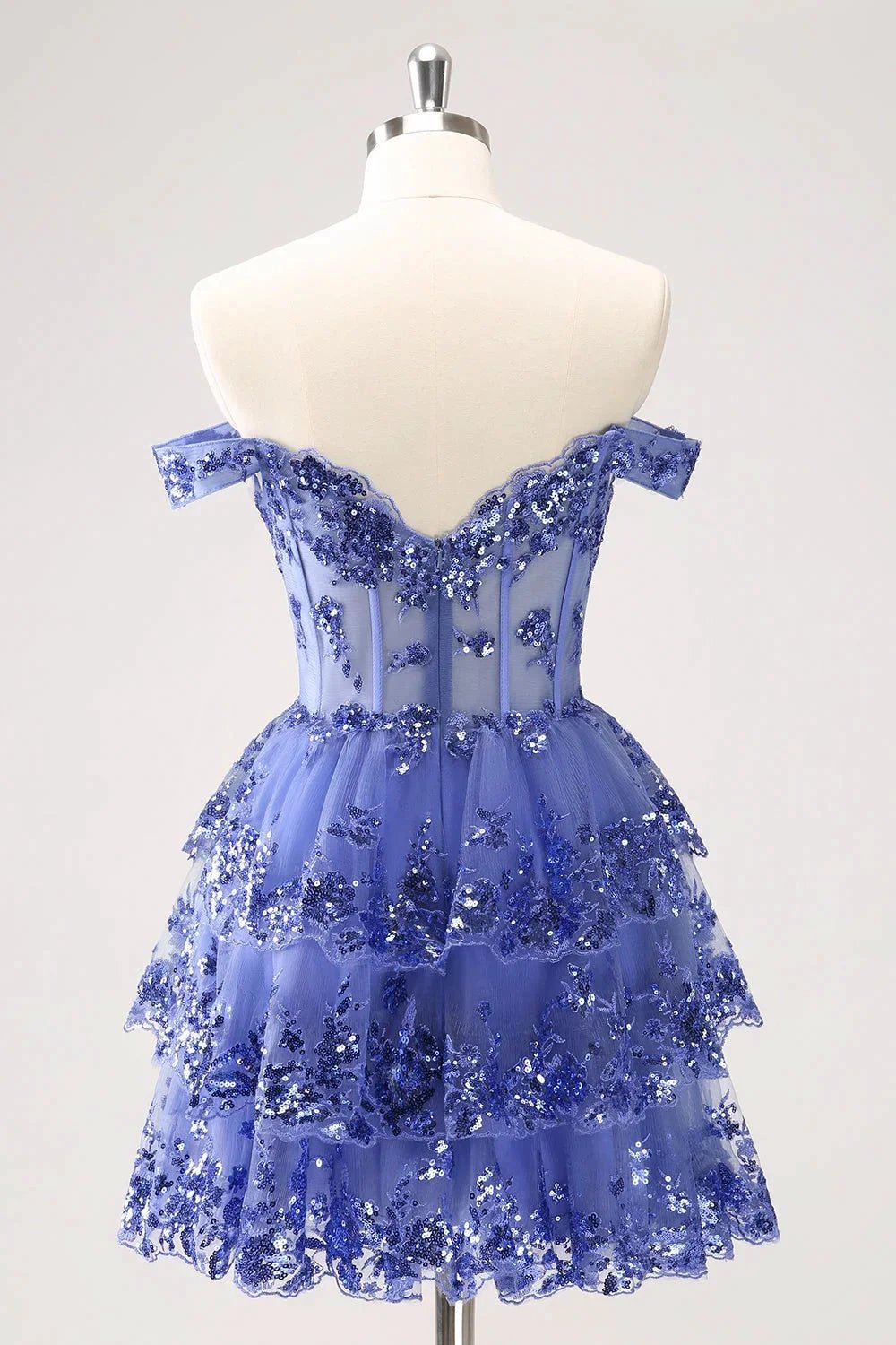 Sparkly Dark Blue A Line Off The Shoulder Corset Tiered Short Homecoming Dress with Sequins by WEDTREND