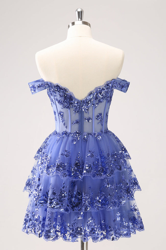 Sparkly Dark Blue A Line Off The Shoulder Corset Tiered Short Homecoming Dress with Sequins Main Image