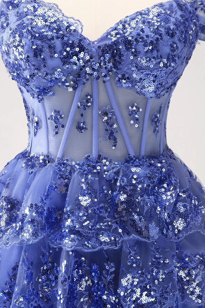 Sparkly Dark Blue A Line Off The Shoulder Corset Tiered Short Homecoming Dress with Sequins by WEDTREND
