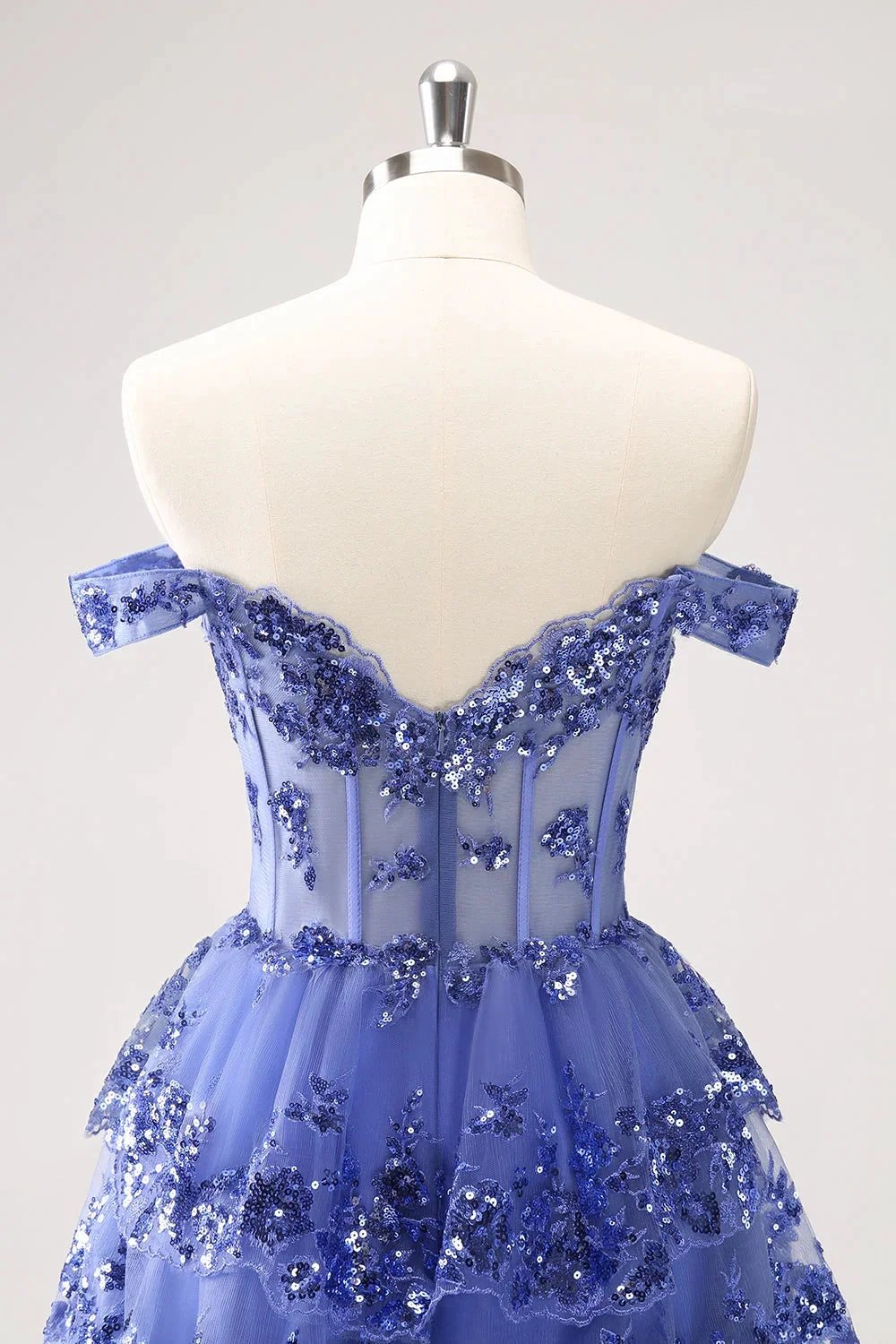 Sparkly Dark Blue A Line Off The Shoulder Corset Tiered Short Homecoming Dress with Sequins by WEDTREND