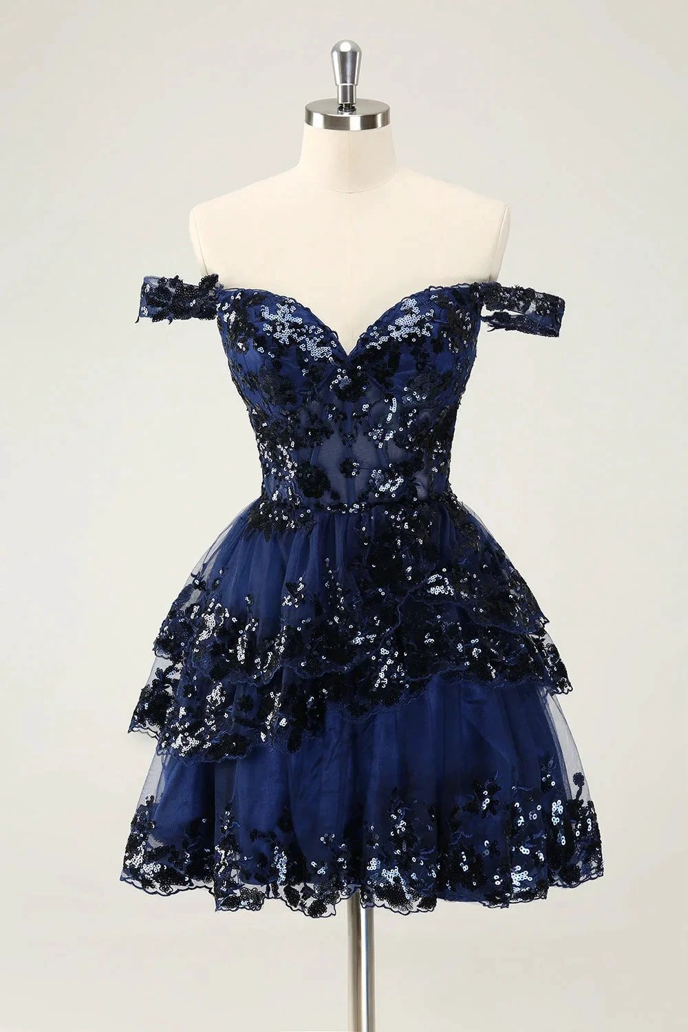Sparkly Dark Blue A Line Off The Shoulder Corset Tiered Short Homecoming Dress with Sequins by WEDTREND