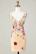 Champagne Bodycon Deep V-Neck Short Homecoming Dress with Appliques by WEDTREND