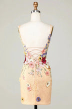 Champagne Bodycon Deep V-Neck Short Homecoming Dress with Appliques by WEDTREND