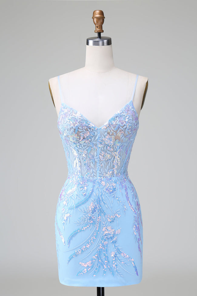 Sparkly Blue Spaghetti Straps Corset Short Homecoming Dress with Sequins Hover Image