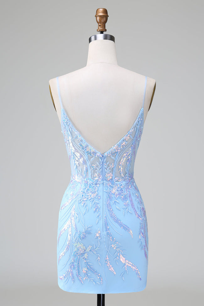 Sparkly Blue Spaghetti Straps Corset Short Homecoming Dress with Sequins Main Image