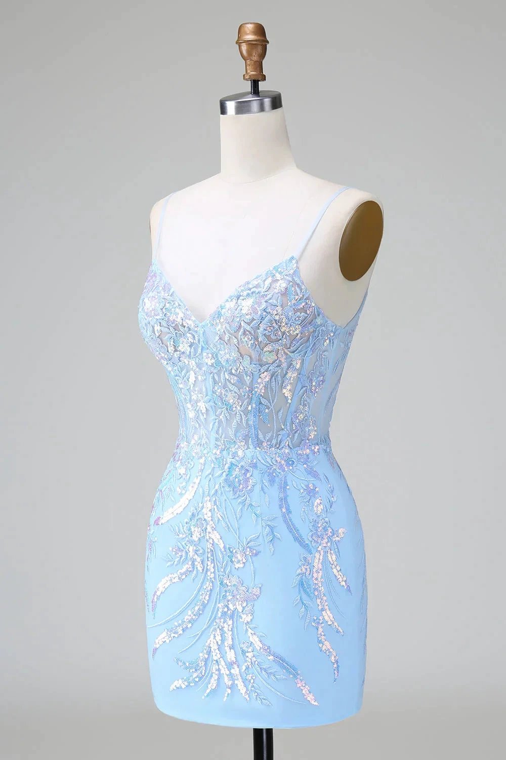Sparkly Blue Spaghetti Straps Corset Short Homecoming Dress with Sequins by WEDTREND