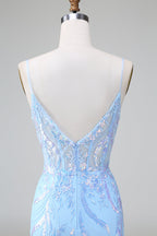 Sparkly Blue Spaghetti Straps Corset Short Homecoming Dress with Sequins