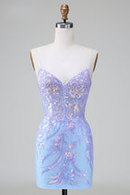 Sparkly Blue Spaghetti Straps Corset Short Homecoming Dress with Sequins