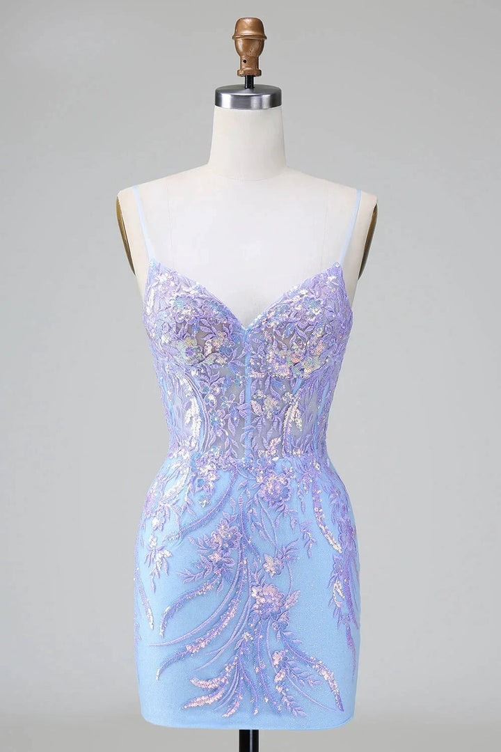 Sparkly Blue Spaghetti Straps Corset Short Homecoming Dress with Sequins by WEDTREND