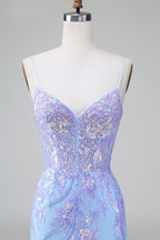 Sparkly Blue Spaghetti Straps Corset Short Homecoming Dress with Sequins