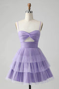 Cute Purple A Line Spaghetti Straps Short Tiered Homecoming Dress with Hollow Out by WEDTREND
