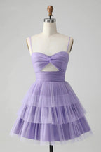 Cute Purple A Line Spaghetti Straps Short Tiered Homecoming Dress with Hollow Out by WEDTREND