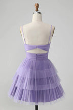 Cute Purple A Line Spaghetti Straps Short Tiered Homecoming Dress with Hollow Out by WEDTREND