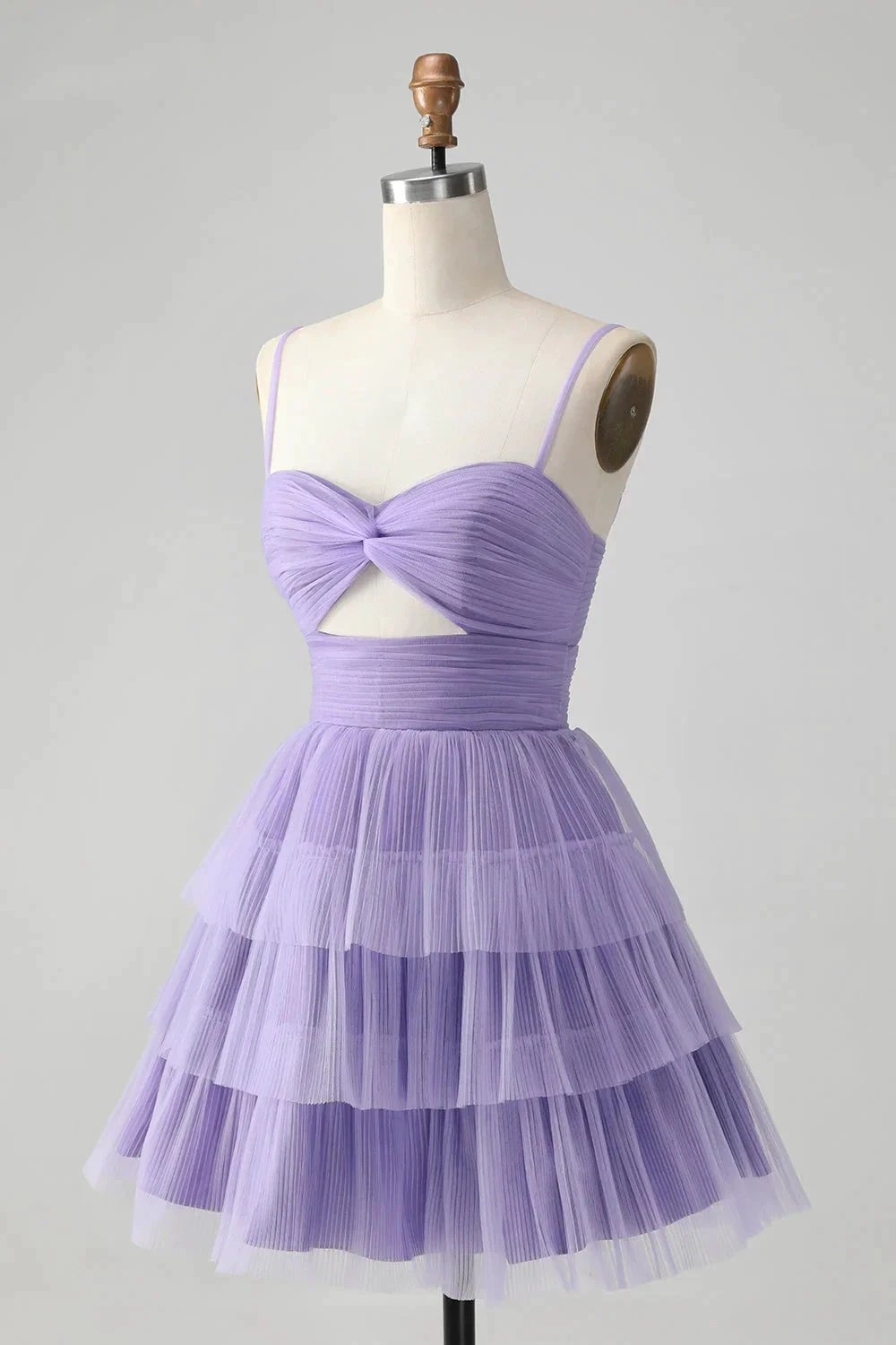 Cute Purple A Line Spaghetti Straps Short Tiered Homecoming Dress with Hollow Out by WEDTREND