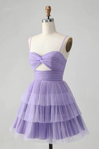 Cute Purple A Line Spaghetti Straps Short Tiered Homecoming Dress with Hollow Out by WEDTREND