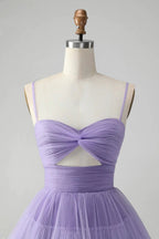 Cute Purple A Line Spaghetti Straps Short Tiered Homecoming Dress with Hollow Out by WEDTREND