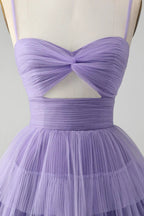 Cute Purple A Line Spaghetti Straps Short Tiered Homecoming Dress with Hollow Out by WEDTREND