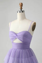 Cute Purple A Line Spaghetti Straps Short Tiered Homecoming Dress with Hollow Out by WEDTREND