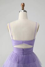 Cute Purple A Line Spaghetti Straps Short Tiered Homecoming Dress with Hollow Out by WEDTREND