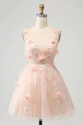 Cute Blush A Line V Neck Sequin Corset Short Homecoming Dress with Appliques by WEDTREND