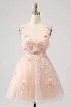 Cute Blush A Line V Neck Sequin Corset Short Homecoming Dress with Appliques by WEDTREND