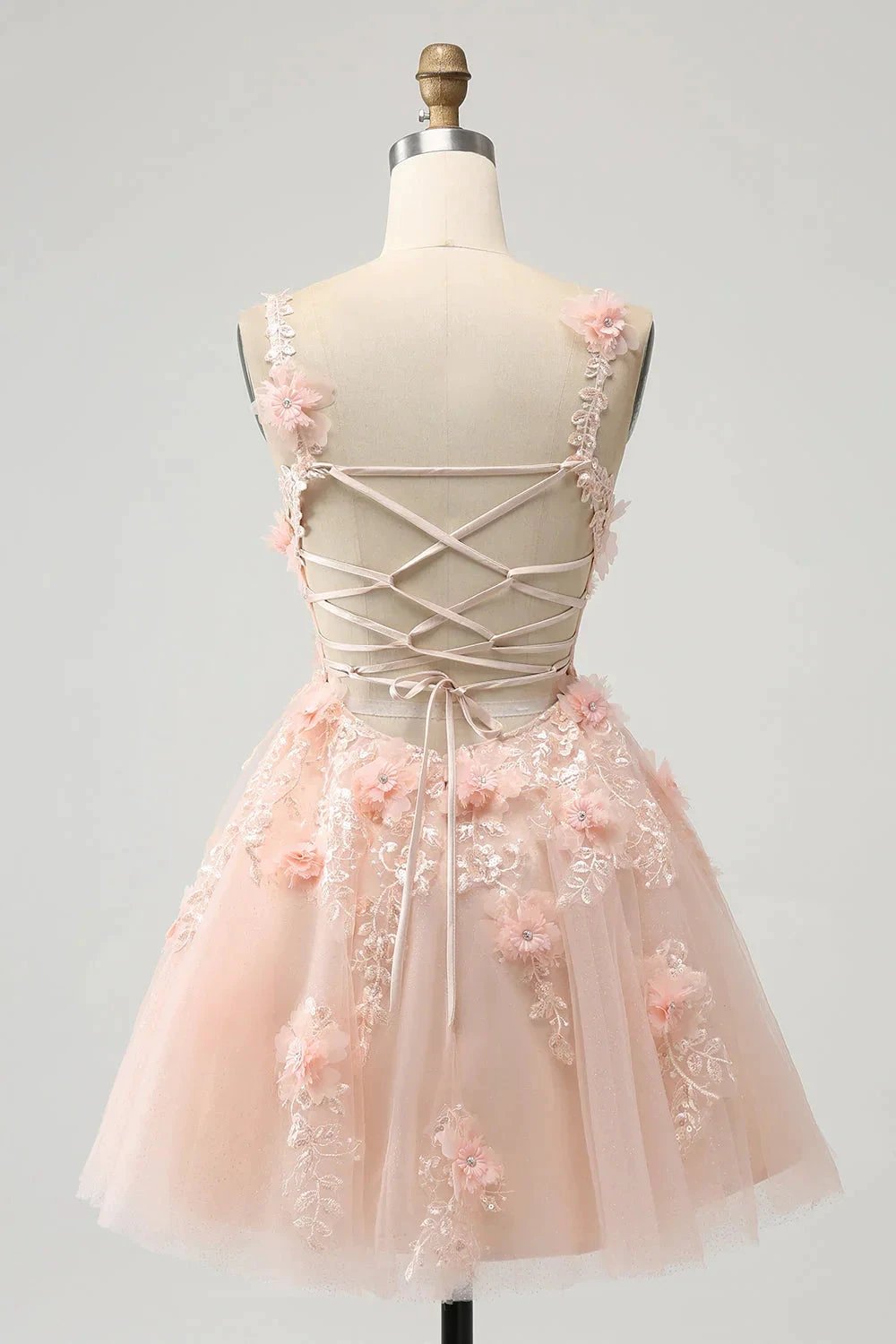 Cute Blush A Line V Neck Sequin Corset Short Homecoming Dress with Appliques by WEDTREND