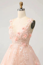 Cute Blush A Line V Neck Sequin Corset Short Homecoming Dress with Appliques by WEDTREND