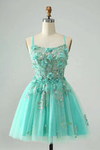 Cute Green A Line Spaghetti Straps Corset Short Homecoming Dress with Appliques by WEDTREND