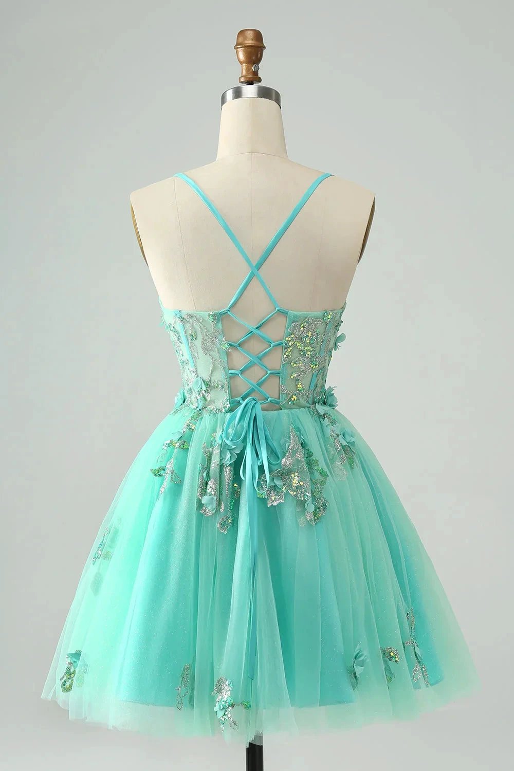 Cute Green A Line Spaghetti Straps Corset Short Homecoming Dress with Appliques by WEDTREND