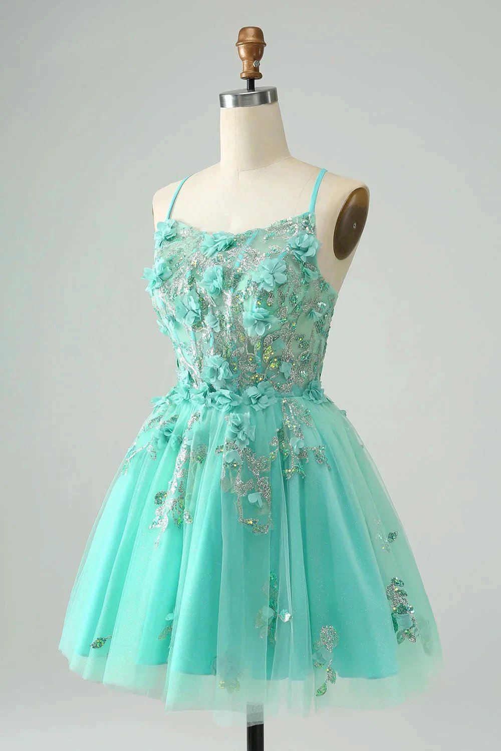 Cute Green A Line Spaghetti Straps Corset Short Homecoming Dress with Appliques by WEDTREND