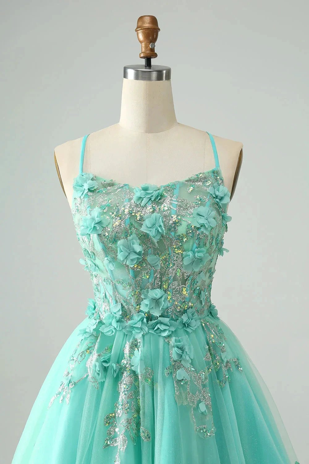 Cute Green A Line Spaghetti Straps Corset Short Homecoming Dress with Appliques by WEDTREND